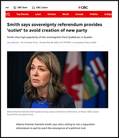 News report headlined &ldquo;Smith says sovereignty referendum provides outlet to avoid creation of new party&rdquo;, with a photograph of Premier Danielle Smith at a press conference